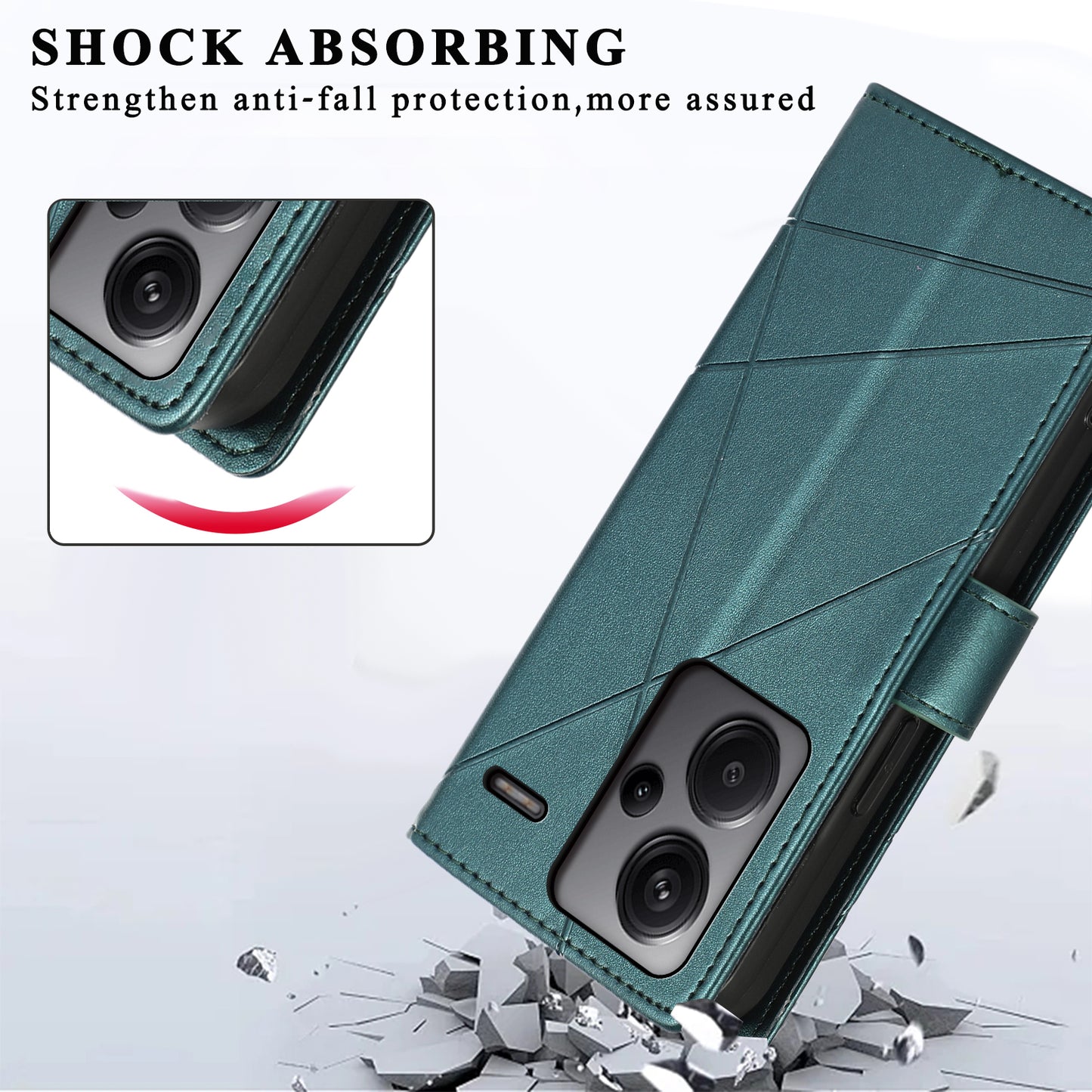 DF-06 For Xiaomi Redmi Note 13 Pro+ 5G Case Leather Cover Line Imprinted with Wallet - Green