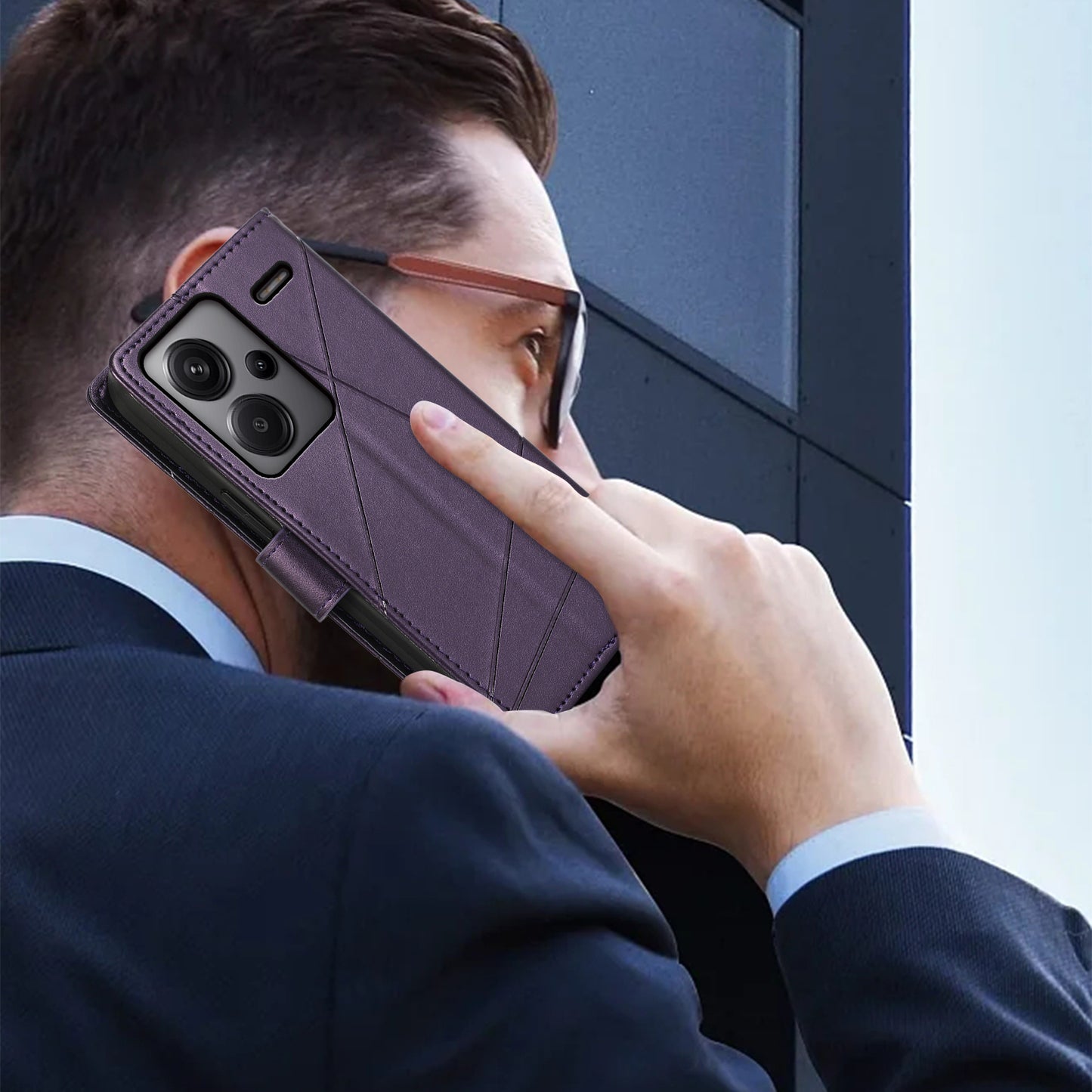 DF-06 For Xiaomi Redmi Note 13 Pro+ 5G Case Leather Cover Line Imprinted with Wallet - Purple