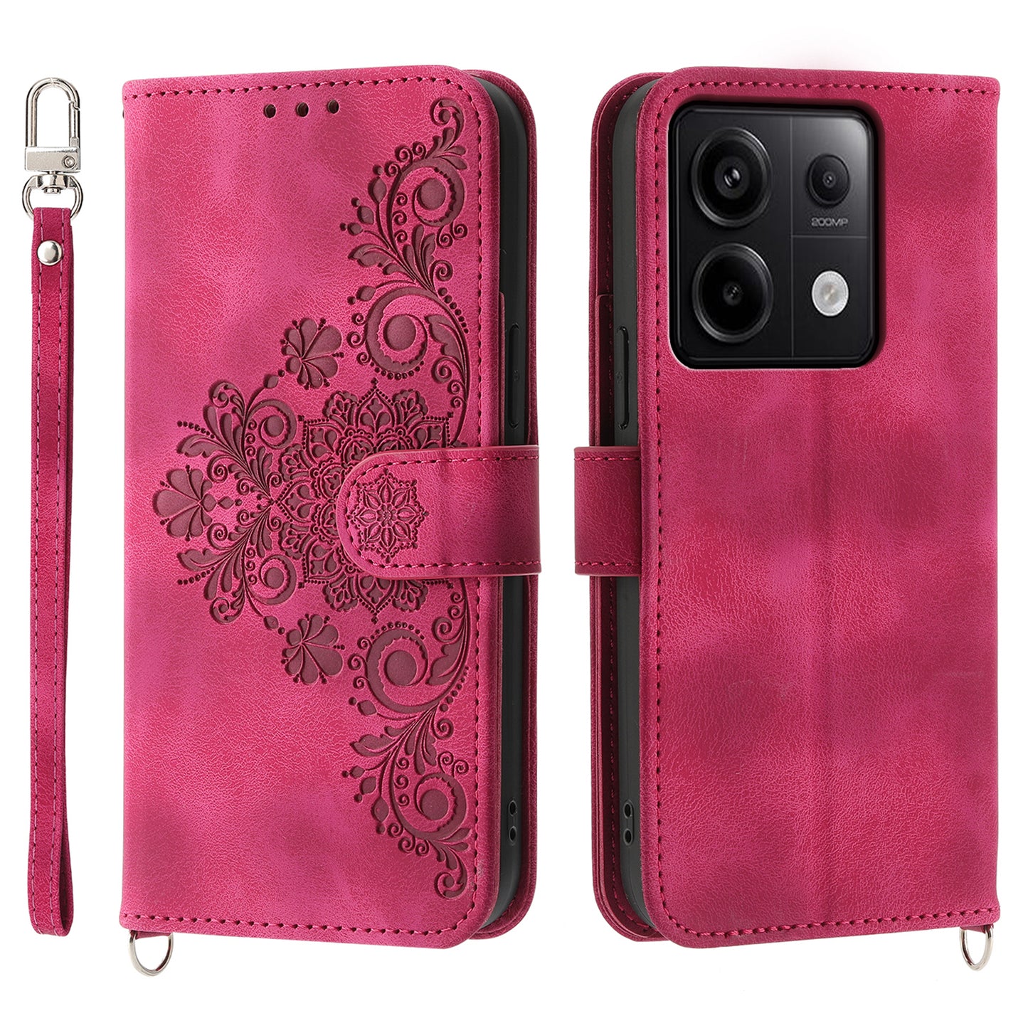For Xiaomi Redmi Note 13 Pro 5G / Poco X6 5G Case Multi Card Slots PU Leather Cover Flower Pattern - Wine Red
