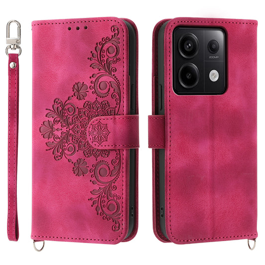 For Xiaomi Redmi Note 13 Pro 5G / Poco X6 5G Case Multi Card Slots PU Leather Cover Flower Pattern - Wine Red