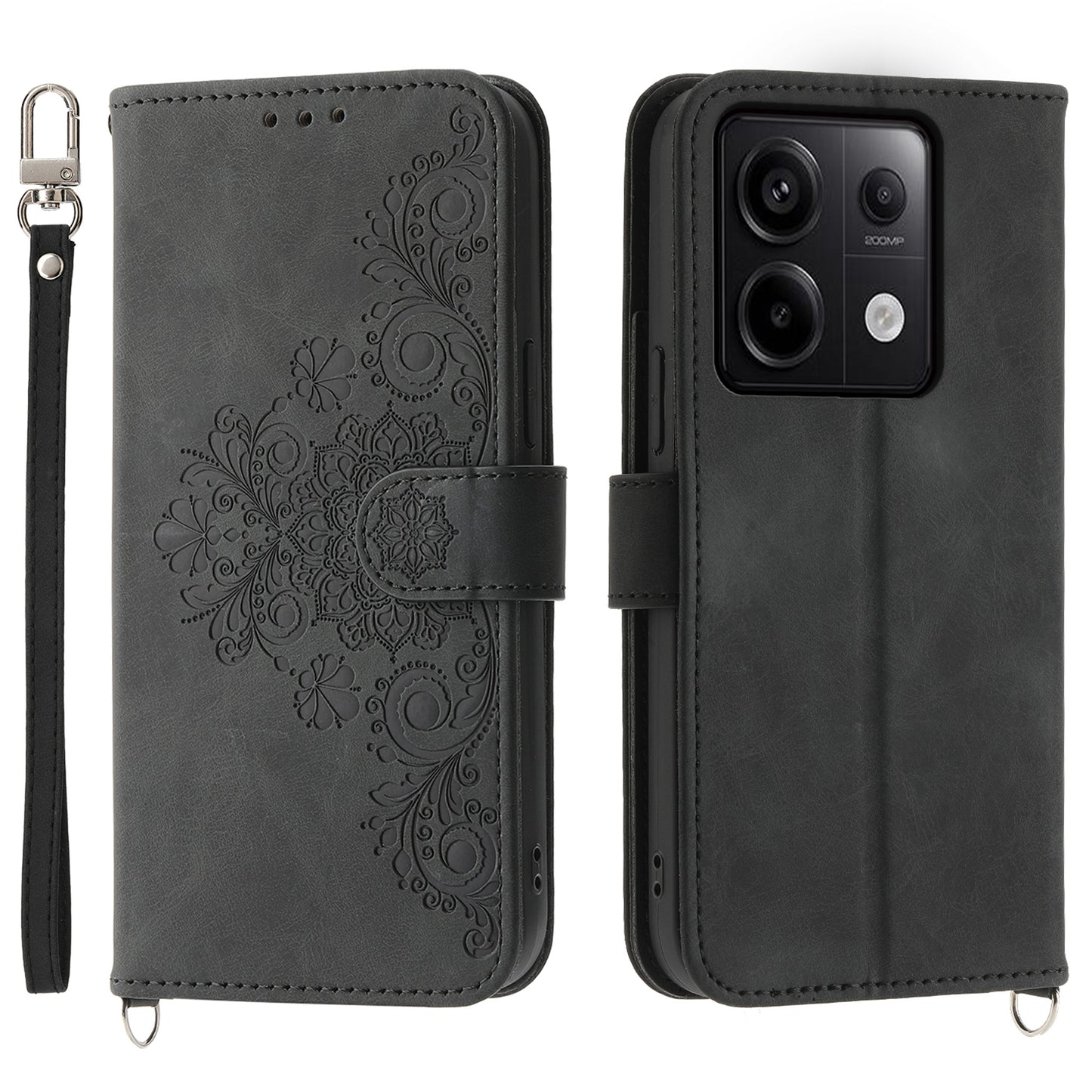 For Xiaomi Redmi Note 13 Pro 5G / Poco X6 5G Case Multi Card Slots PU Leather Cover Flower Pattern - Black