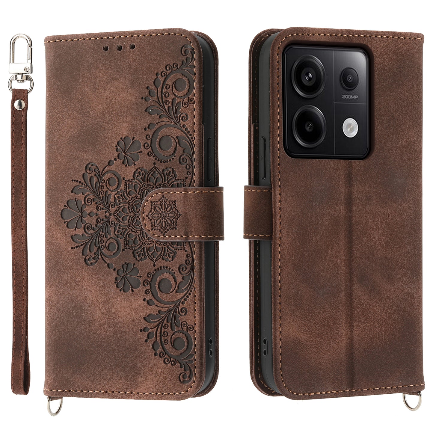 For Xiaomi Redmi Note 13 Pro 5G / Poco X6 5G Case Multi Card Slots PU Leather Cover Flower Pattern - Brown