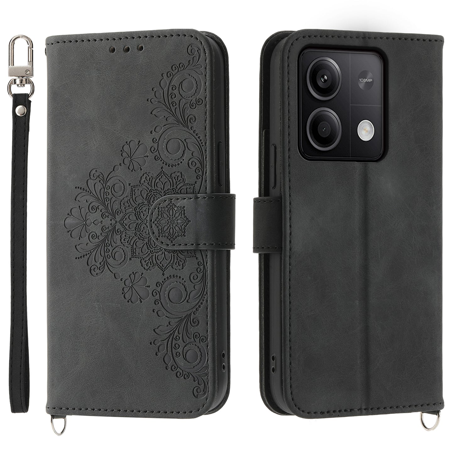 For Xiaomi Redmi Note 13 5G / Note 13 5G (China) Leather Phone Case with 2 Straps - Black