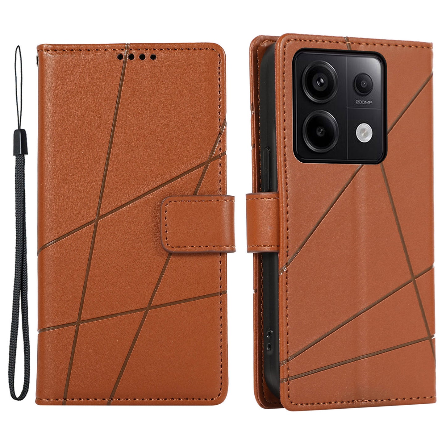 DF-06 For Xiaomi Redmi Note 13 Pro 5G / Poco X6 5G Leather Case Line Imprinted Wallet Cover - Brown