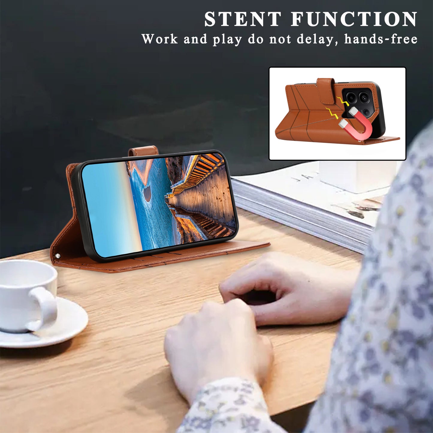 DF-06 For Xiaomi Redmi Note 13 Pro 5G / Poco X6 5G Leather Case Line Imprinted Wallet Cover - Brown