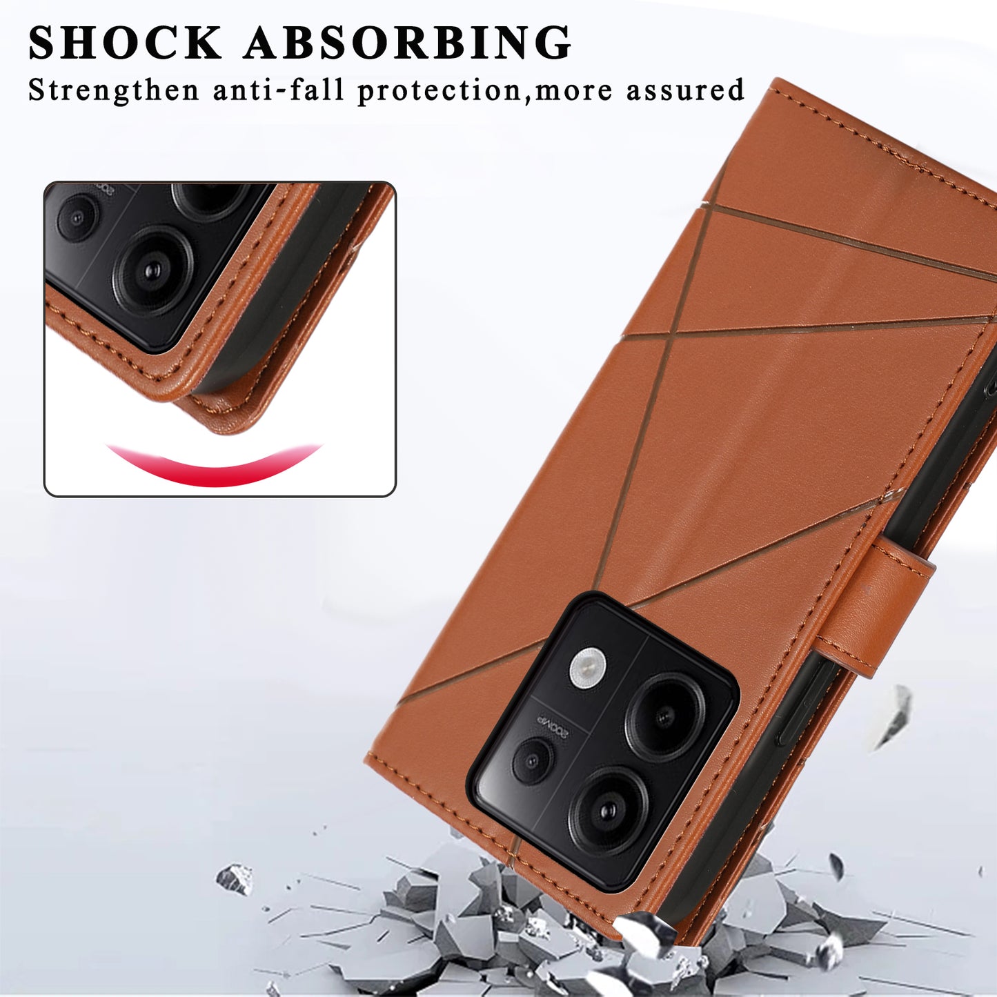 DF-06 For Xiaomi Redmi Note 13 Pro 5G / Poco X6 5G Leather Case Line Imprinted Wallet Cover - Brown