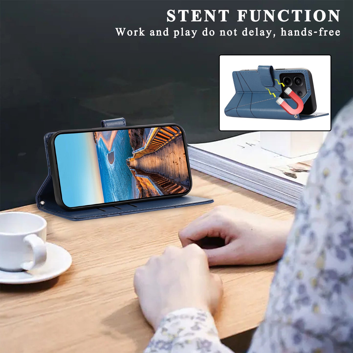 DF-06 For Xiaomi Redmi Note 13 Pro 5G / Poco X6 5G Leather Case Line Imprinted Wallet Cover - Blue