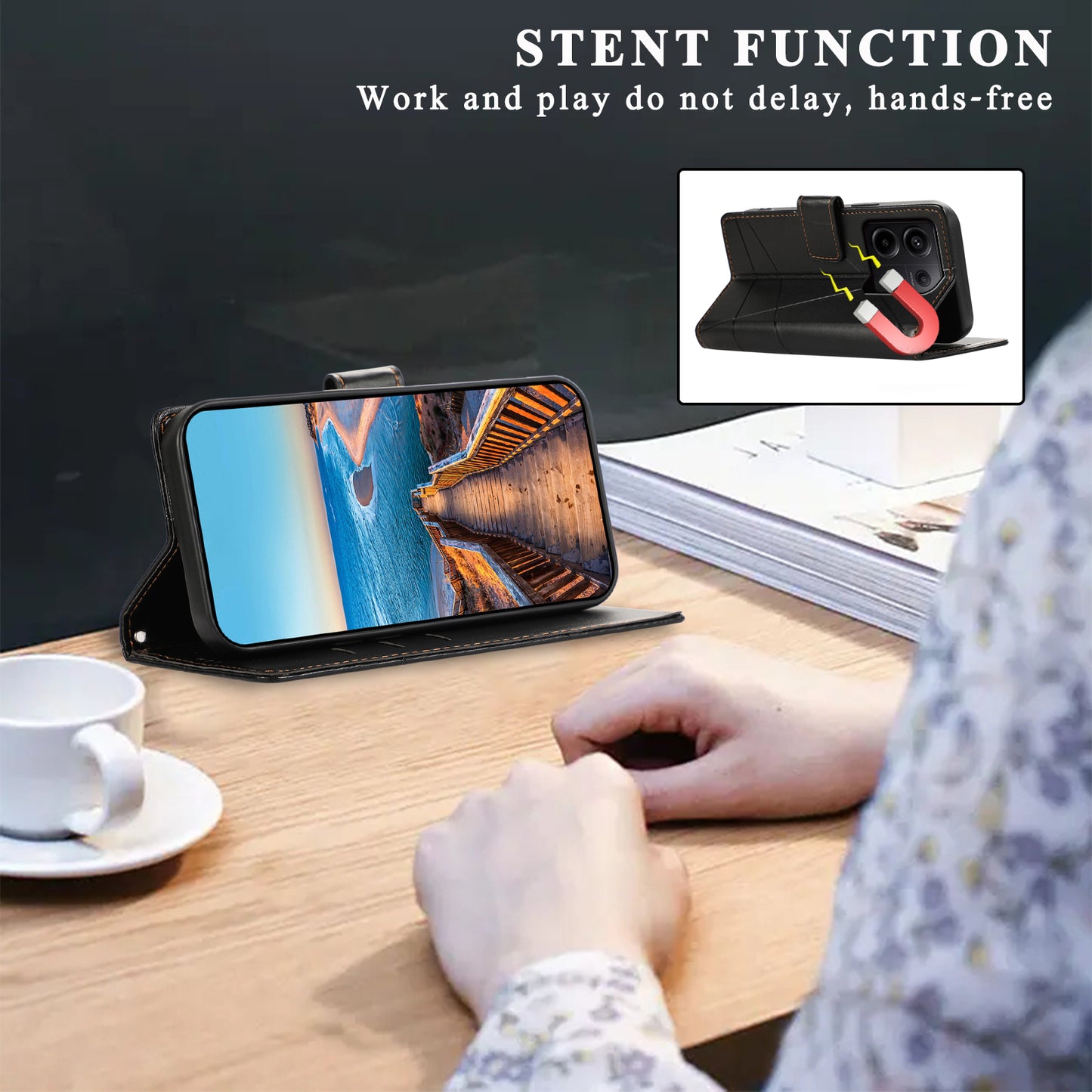 DF-06 For Xiaomi Redmi Note 13 Pro 5G / Poco X6 5G Leather Case Line Imprinted Wallet Cover - Black