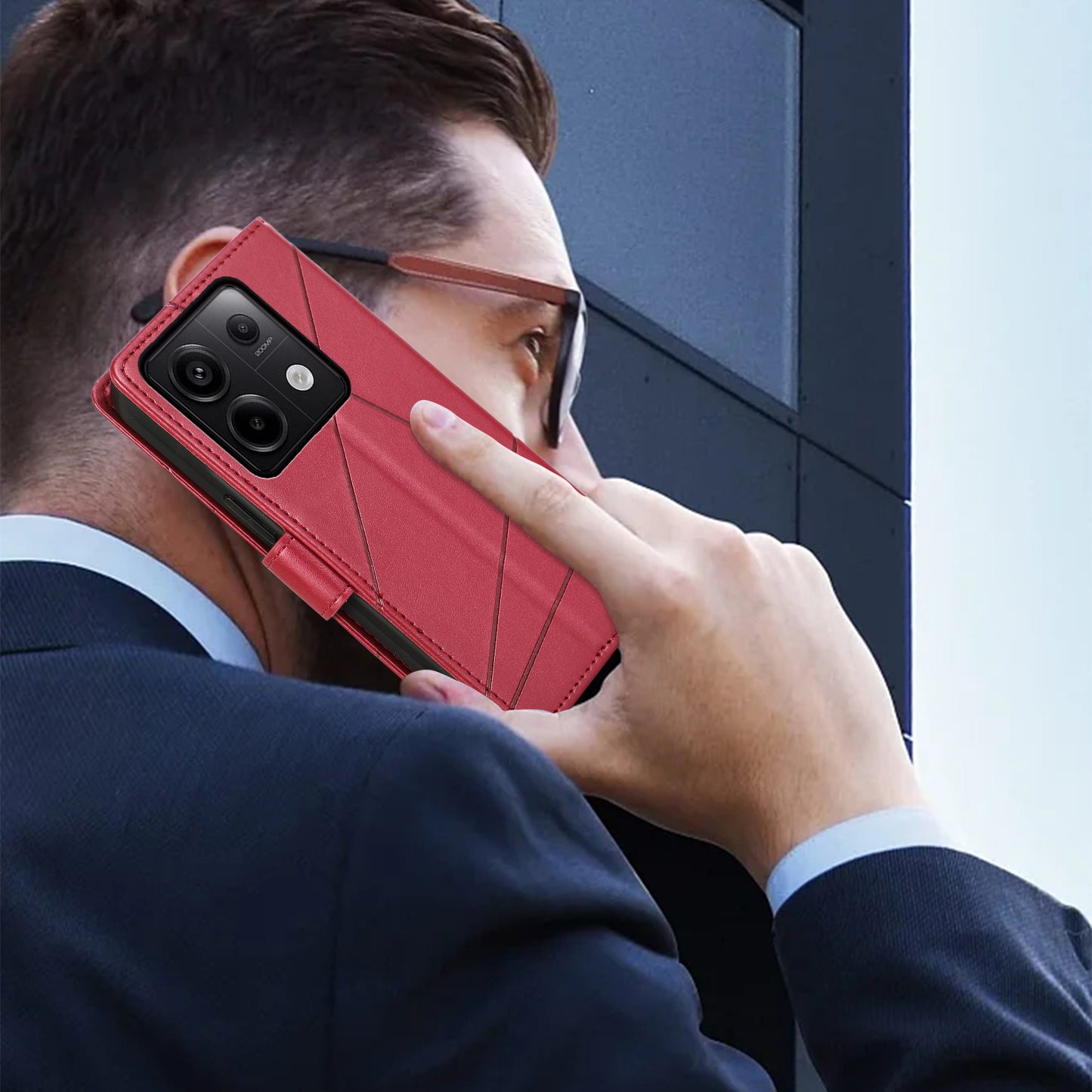 DF-06 For Xiaomi Redmi Note 13 Pro 5G / Poco X6 5G Leather Case Line Imprinted Wallet Cover - Red