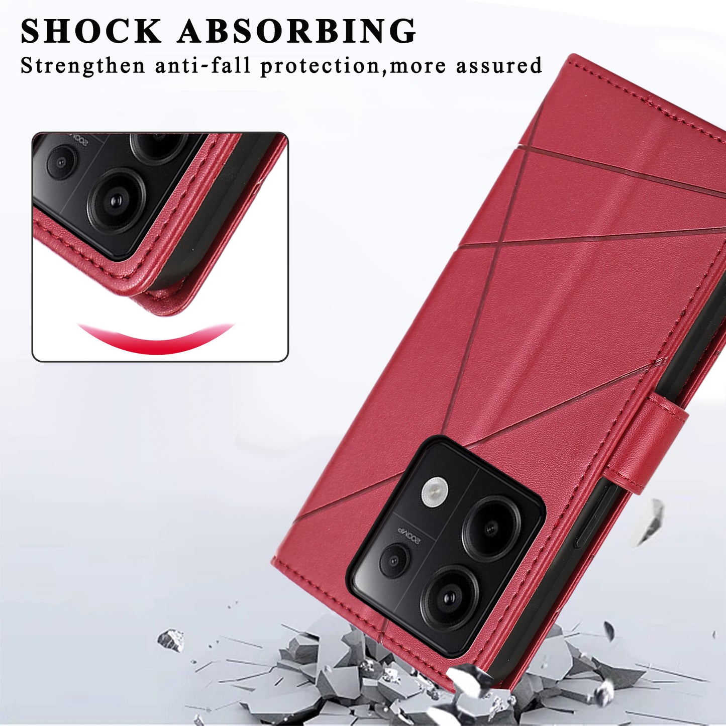 DF-06 For Xiaomi Redmi Note 13 Pro 5G / Poco X6 5G Leather Case Line Imprinted Wallet Cover - Red