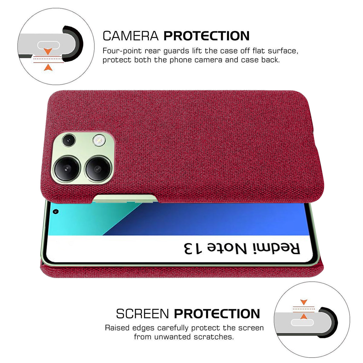 For Xiaomi Redmi Note 13 4G Phone Case Hard PC+Cloth Anti-slip Cover - Red