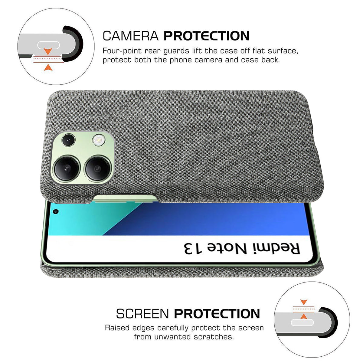 For Xiaomi Redmi Note 13 4G Phone Case Hard PC+Cloth Anti-slip Cover - Grey