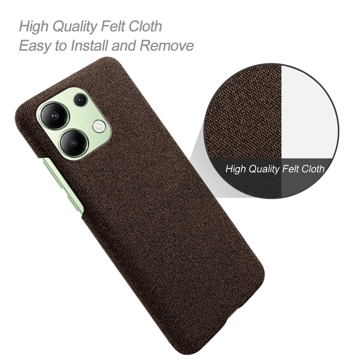 For Xiaomi Redmi Note 13 4G Phone Case Hard PC+Cloth Anti-slip Cover - Brown