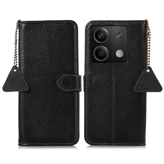 For Xiaomi Redmi Note 13 5G Phone Case RFID Blocking Genuine Cow Leather Flip Cover - Black