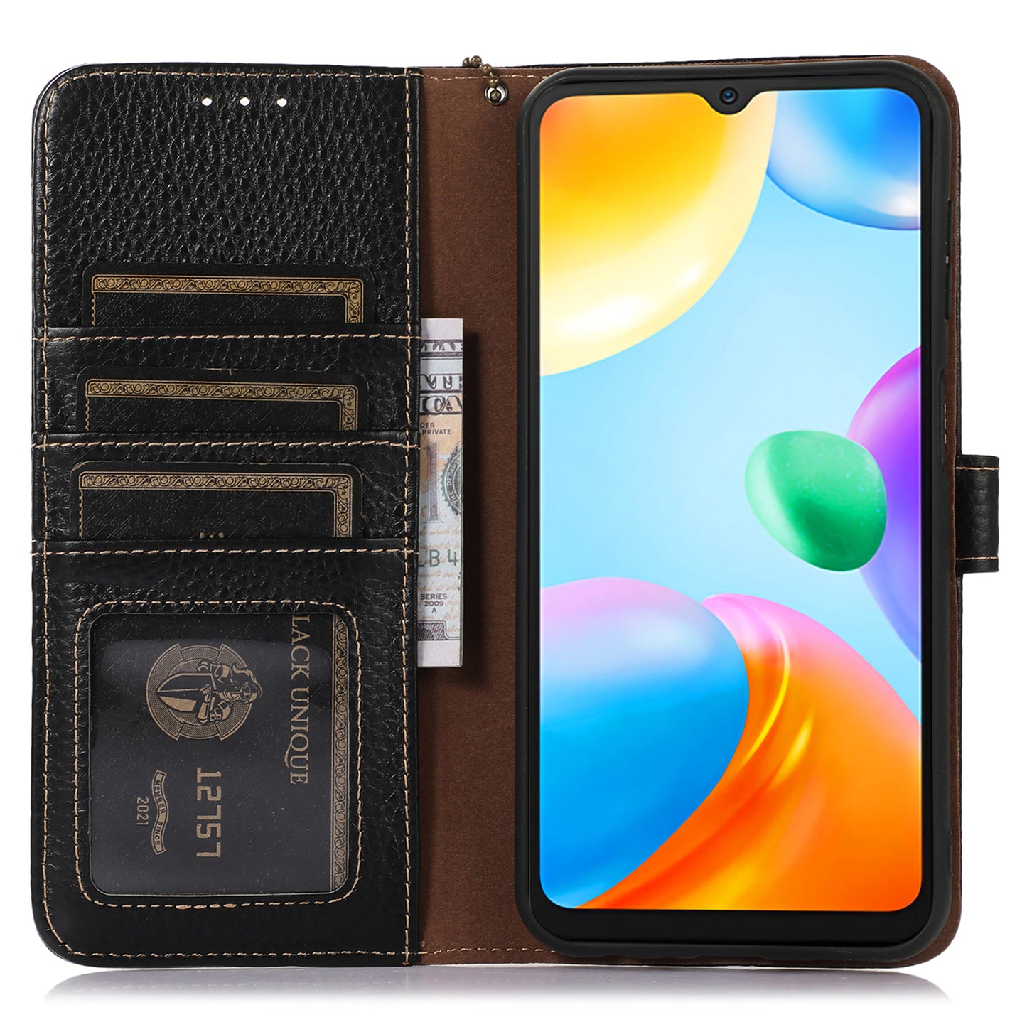 For Xiaomi Redmi Note 13 5G Phone Case RFID Blocking Genuine Cow Leather Flip Cover - Black