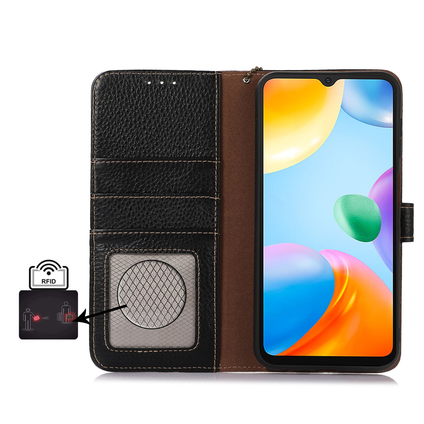 For Xiaomi Redmi Note 13 5G Phone Case RFID Blocking Genuine Cow Leather Flip Cover - Black