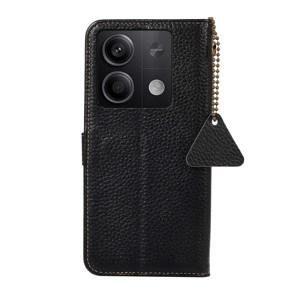 For Xiaomi Redmi Note 13 5G Phone Case RFID Blocking Genuine Cow Leather Flip Cover - Black