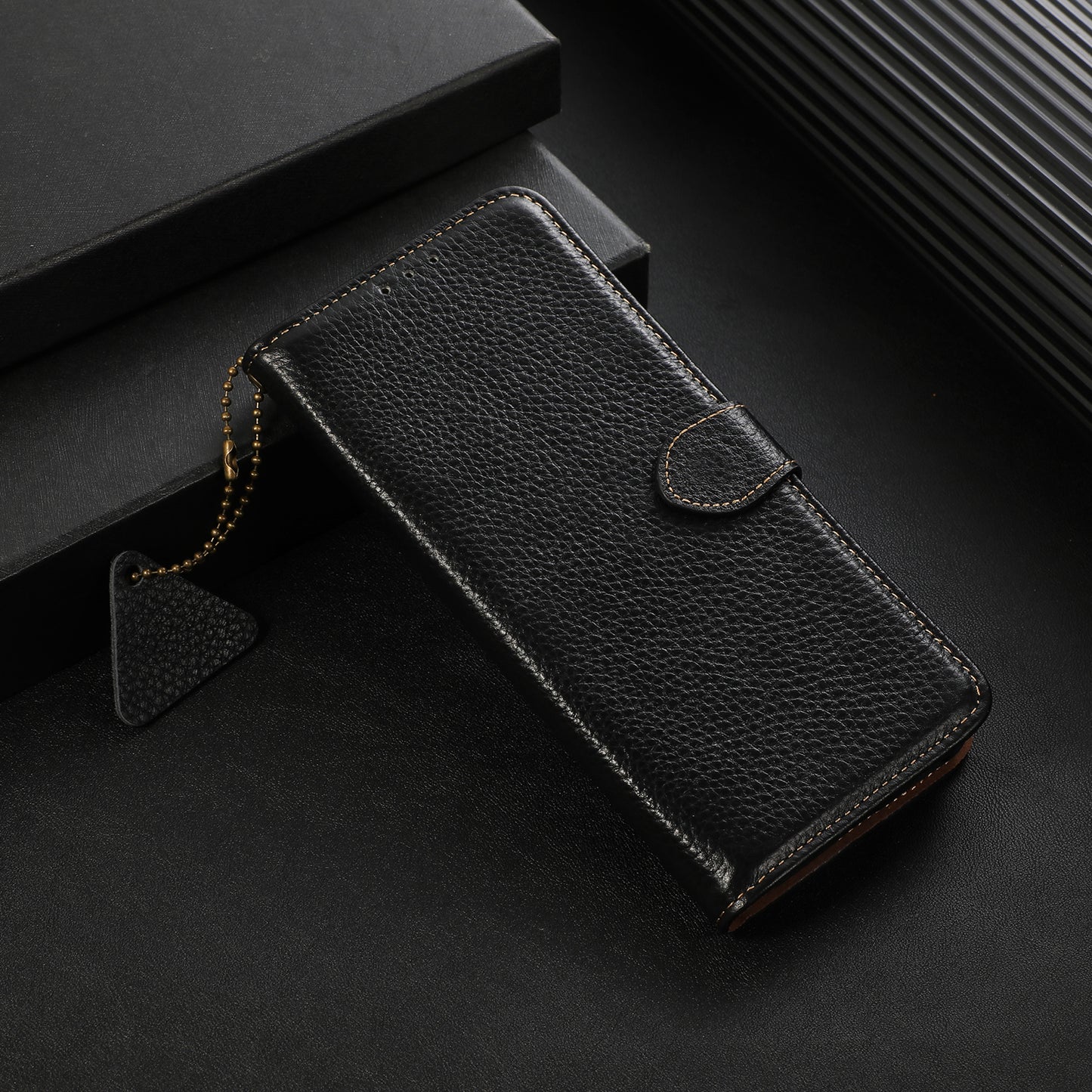 For Xiaomi Redmi Note 13 5G Phone Case RFID Blocking Genuine Cow Leather Flip Cover - Black