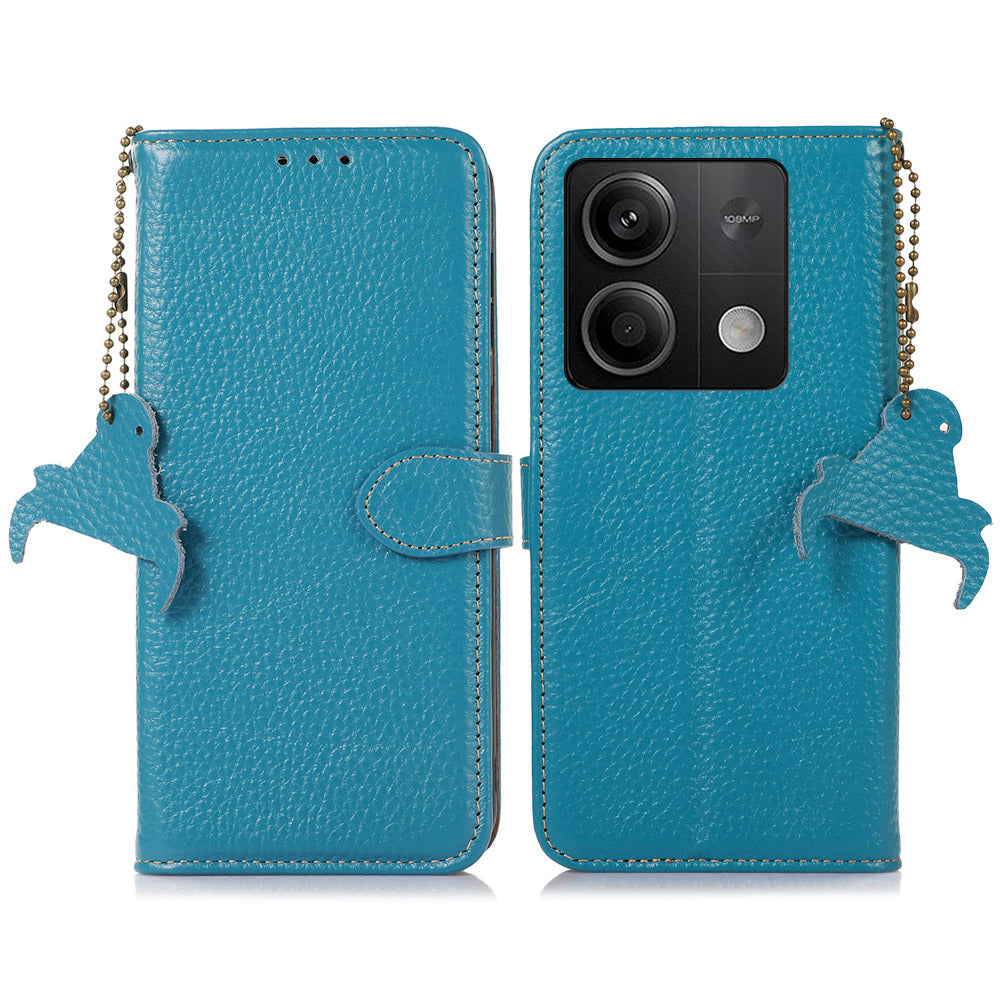 For Xiaomi Redmi Note 13 5G Phone Case RFID Blocking Genuine Cow Leather Flip Cover - Blue