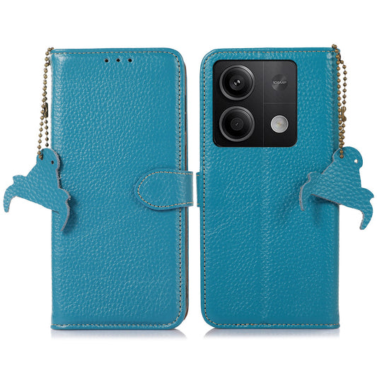 For Xiaomi Redmi Note 13 5G Phone Case RFID Blocking Genuine Cow Leather Flip Cover - Blue