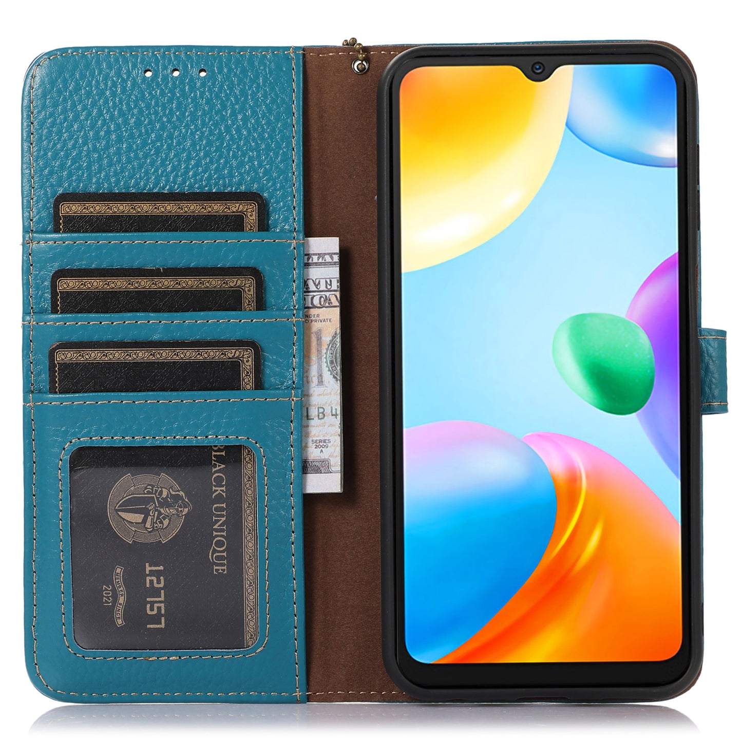 For Xiaomi Redmi Note 13 5G Phone Case RFID Blocking Genuine Cow Leather Flip Cover - Blue