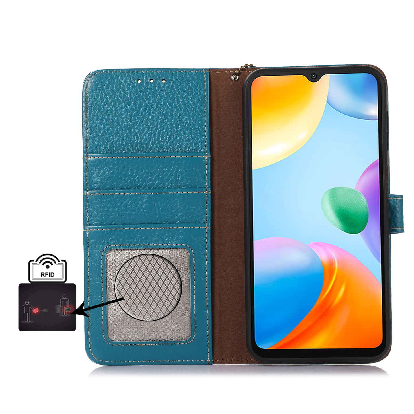 For Xiaomi Redmi Note 13 5G Phone Case RFID Blocking Genuine Cow Leather Flip Cover - Blue