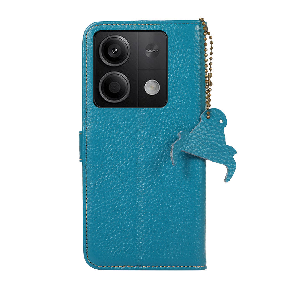 For Xiaomi Redmi Note 13 5G Phone Case RFID Blocking Genuine Cow Leather Flip Cover - Blue
