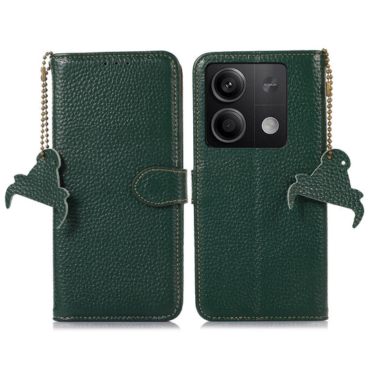 For Xiaomi Redmi Note 13 5G Phone Case RFID Blocking Genuine Cow Leather Flip Cover - Green