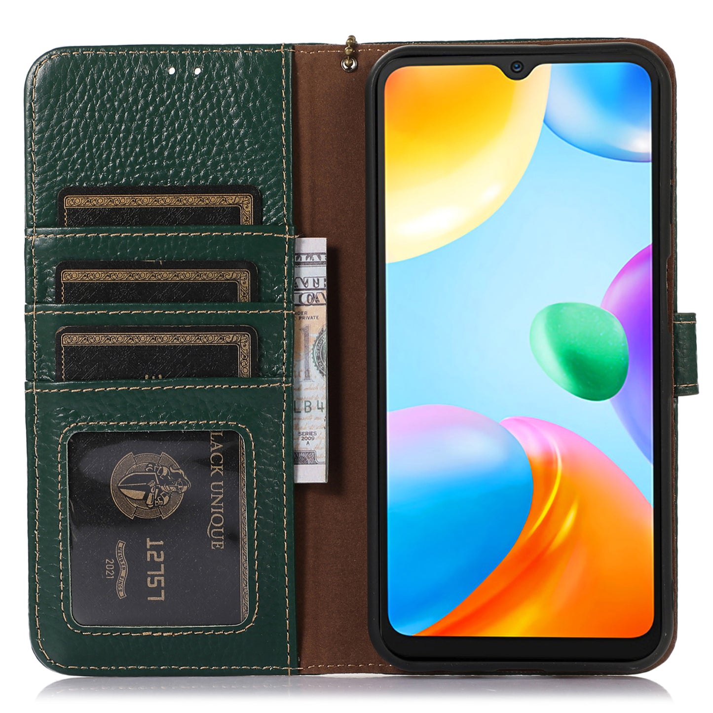 For Xiaomi Redmi Note 13 5G Phone Case RFID Blocking Genuine Cow Leather Flip Cover - Green