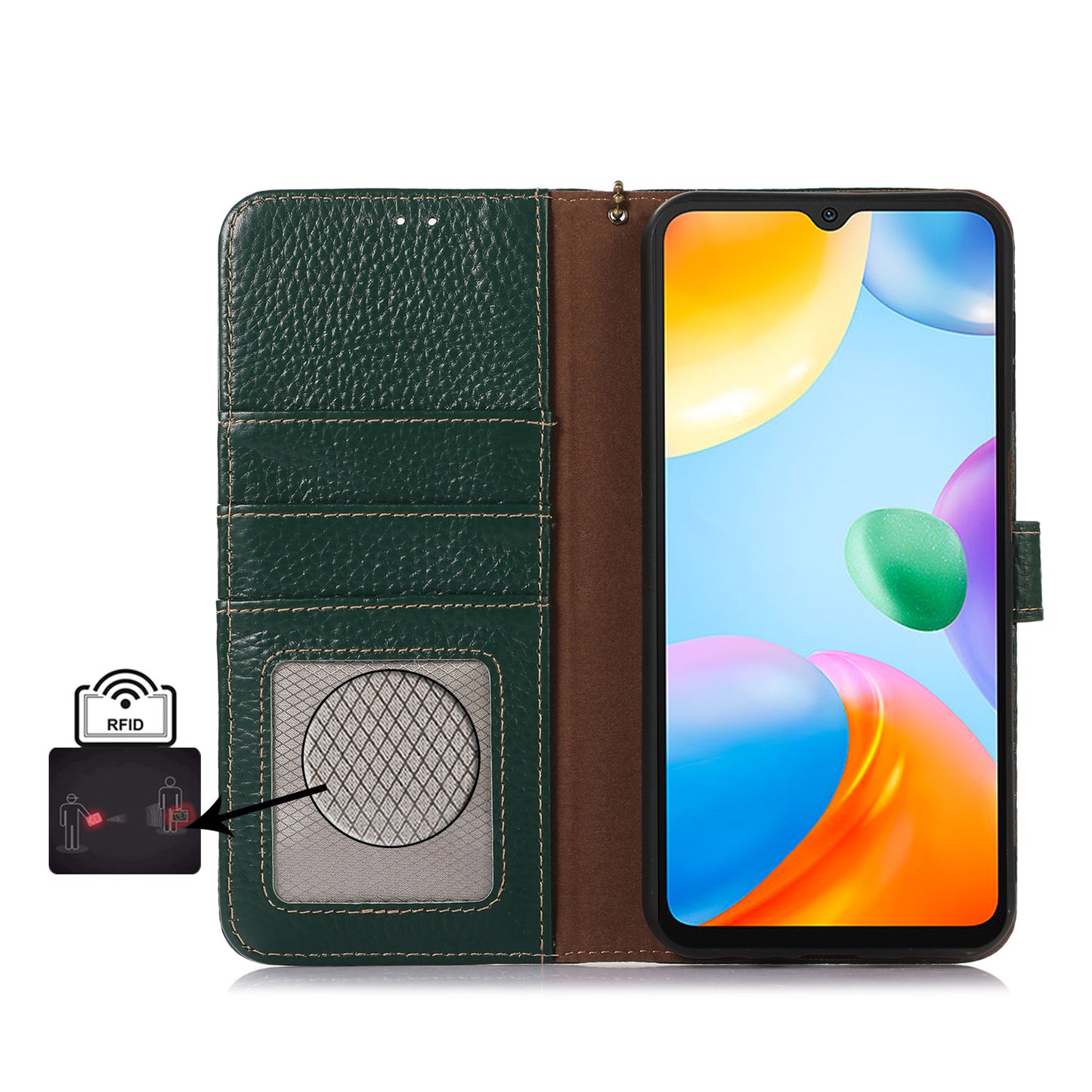 For Xiaomi Redmi Note 13 5G Phone Case RFID Blocking Genuine Cow Leather Flip Cover - Green