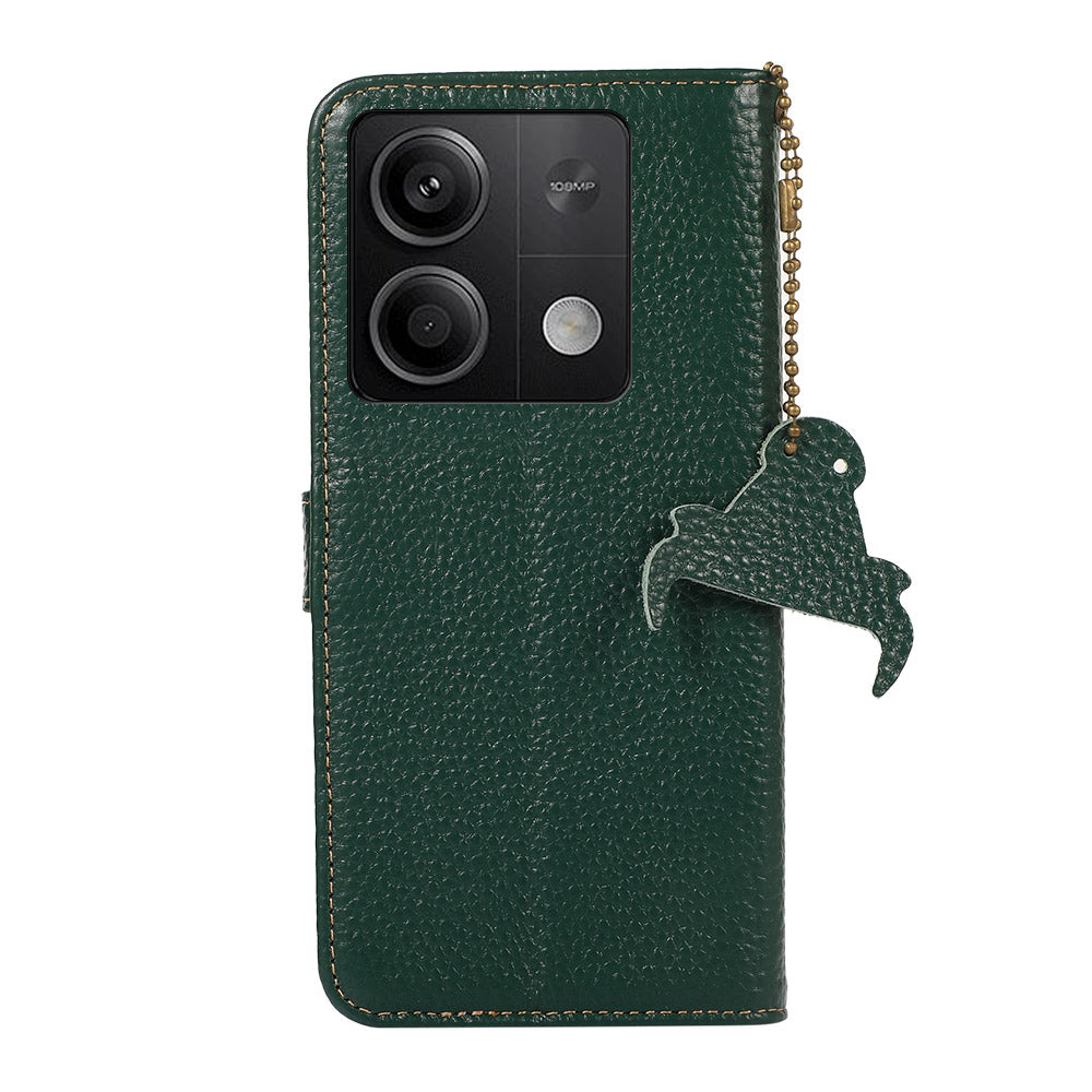 For Xiaomi Redmi Note 13 5G Phone Case RFID Blocking Genuine Cow Leather Flip Cover - Green
