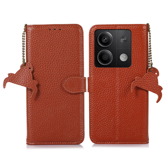 For Xiaomi Redmi Note 13 5G Phone Case RFID Blocking Genuine Cow Leather Flip Cover - Brown