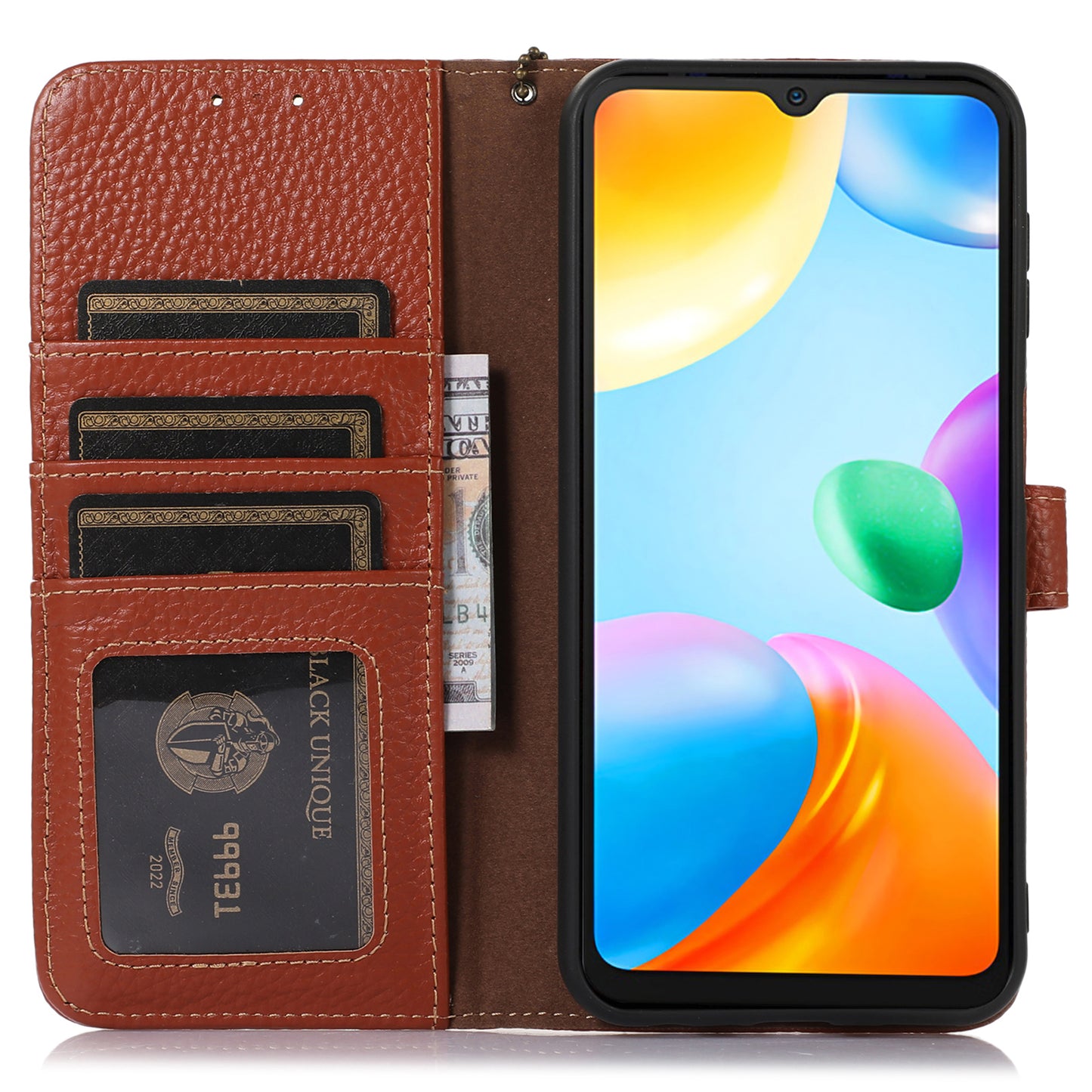 For Xiaomi Redmi Note 13 5G Phone Case RFID Blocking Genuine Cow Leather Flip Cover - Brown