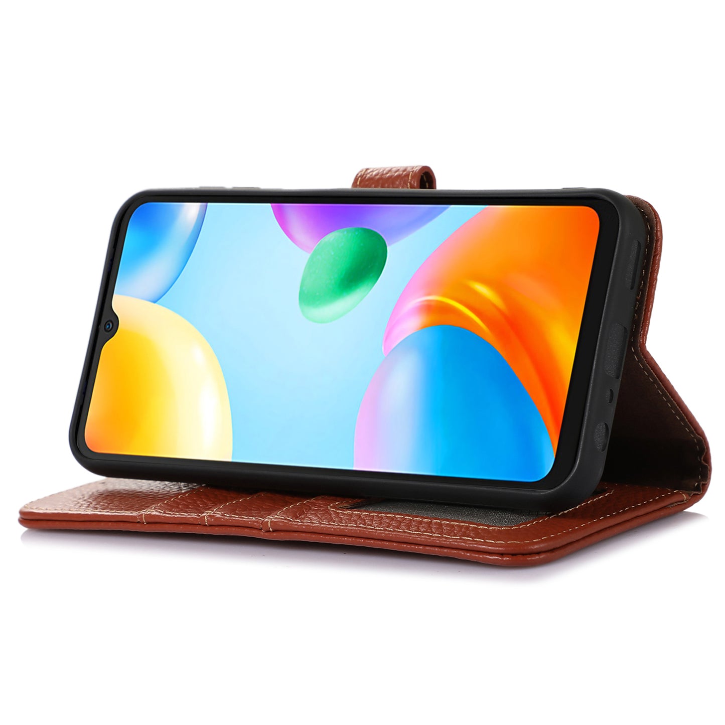 For Xiaomi Redmi Note 13 5G Phone Case RFID Blocking Genuine Cow Leather Flip Cover - Brown
