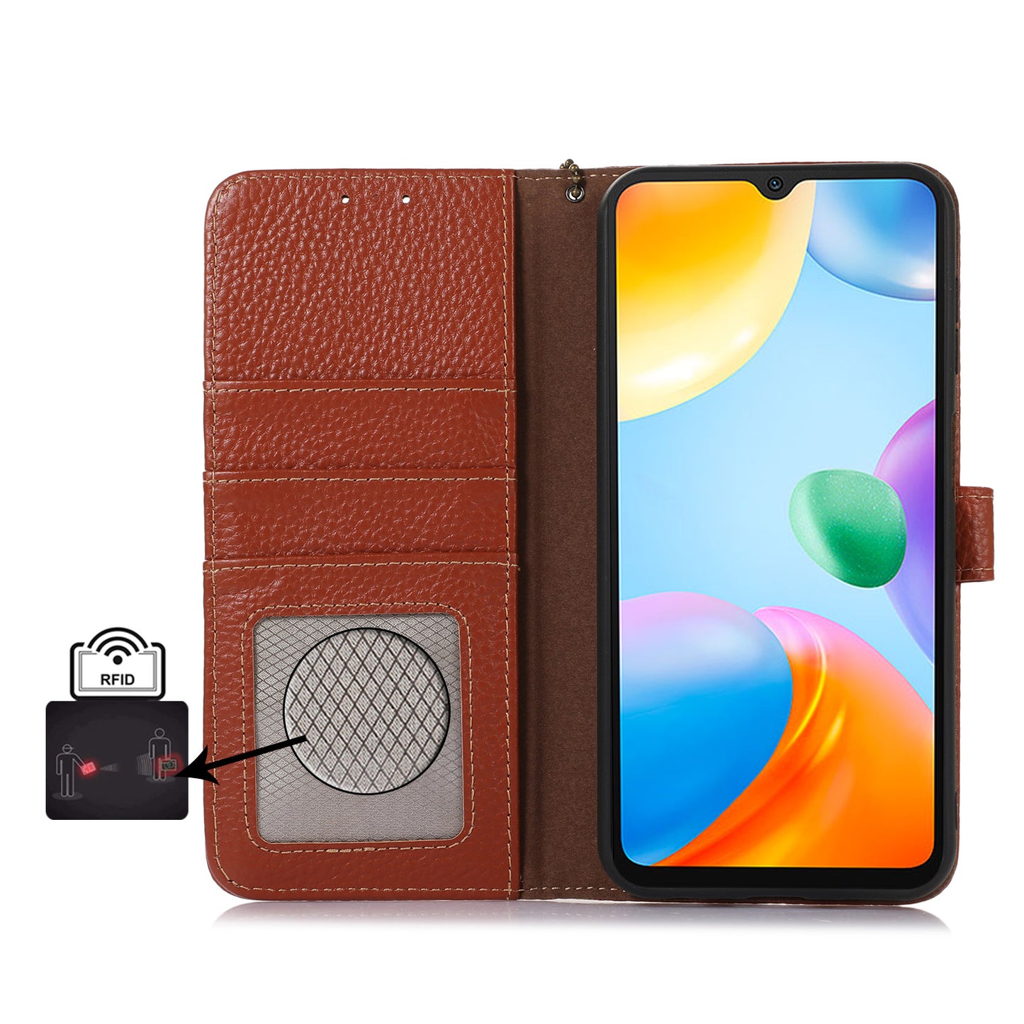 For Xiaomi Redmi Note 13 5G Phone Case RFID Blocking Genuine Cow Leather Flip Cover - Brown