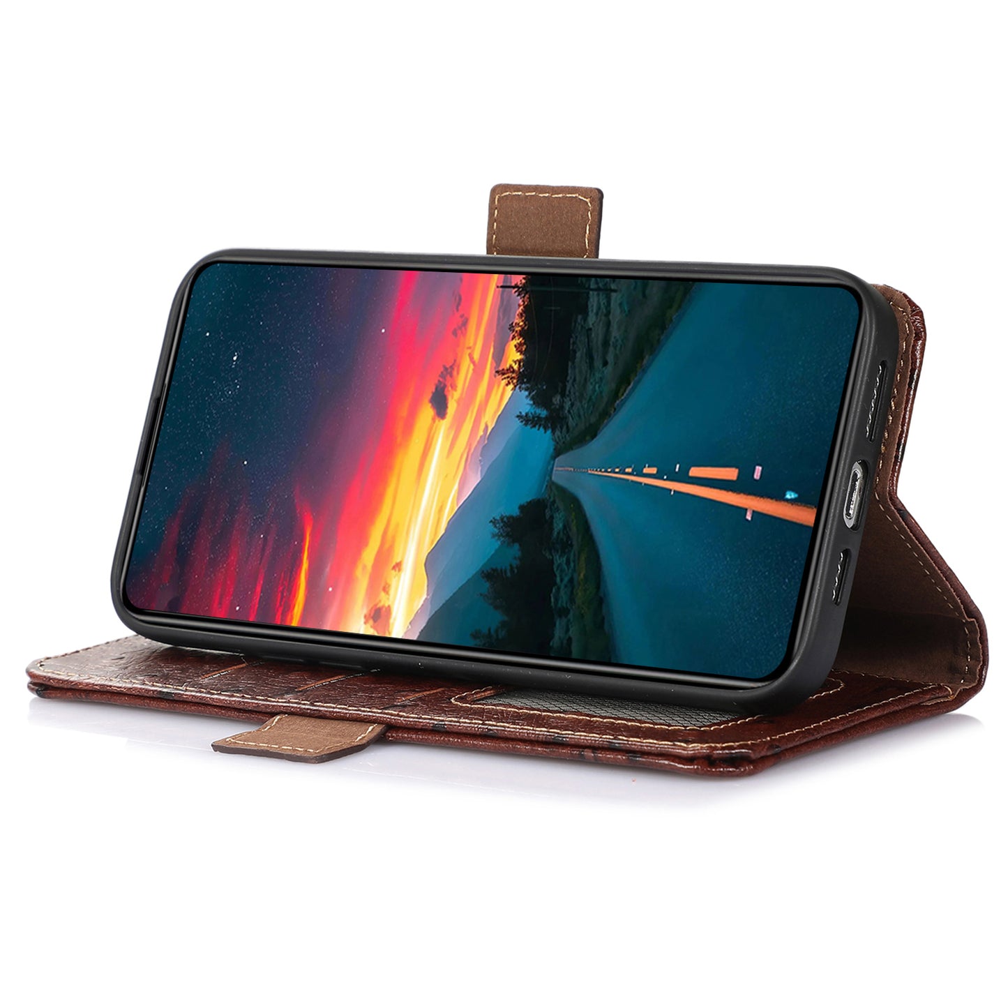 For Xiaomi Redmi Note 13 5G Genuine Cow Leather Case RFID Blocking Phone Cover Ostrich Texture - Coffee