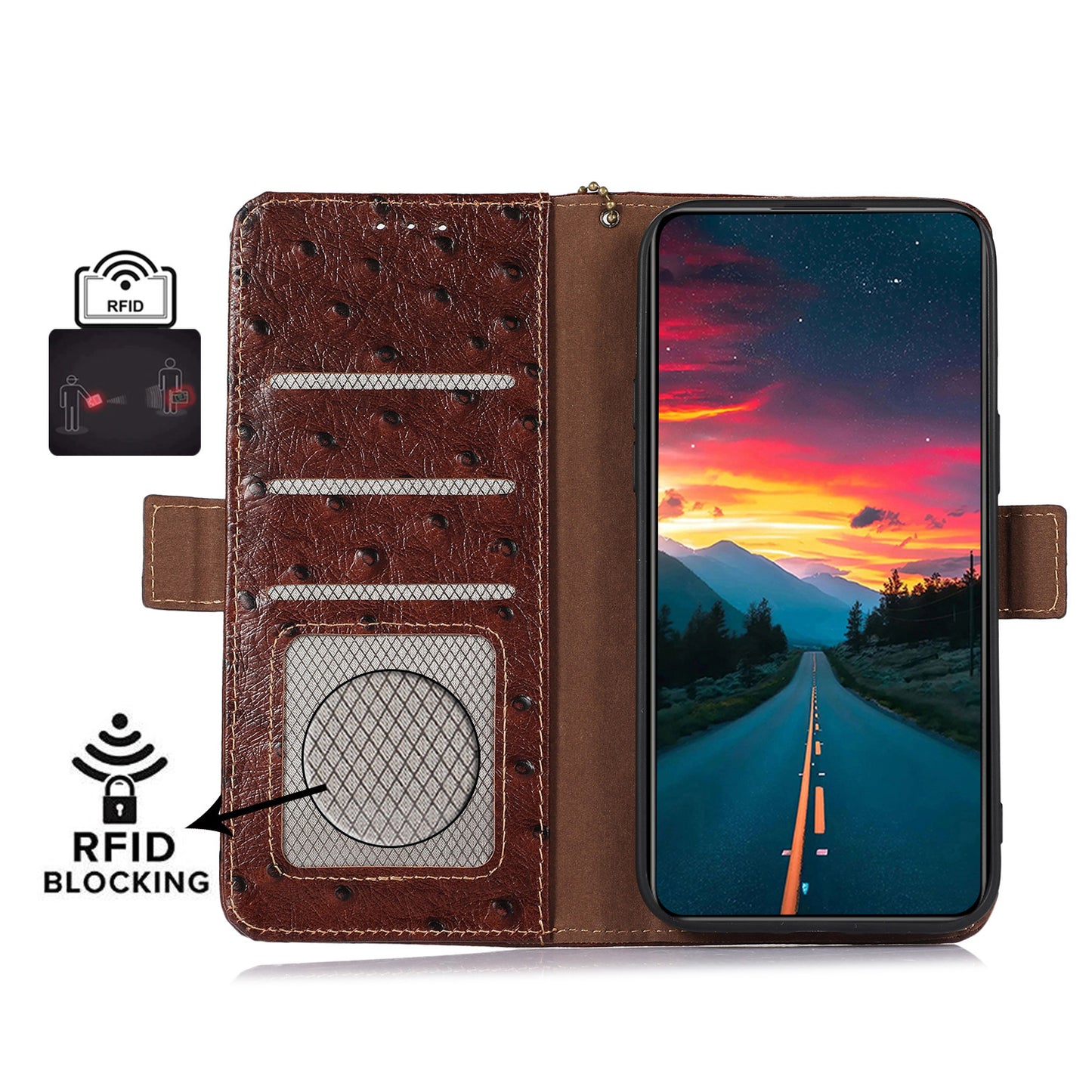 For Xiaomi Redmi Note 13 5G Genuine Cow Leather Case RFID Blocking Phone Cover Ostrich Texture - Coffee