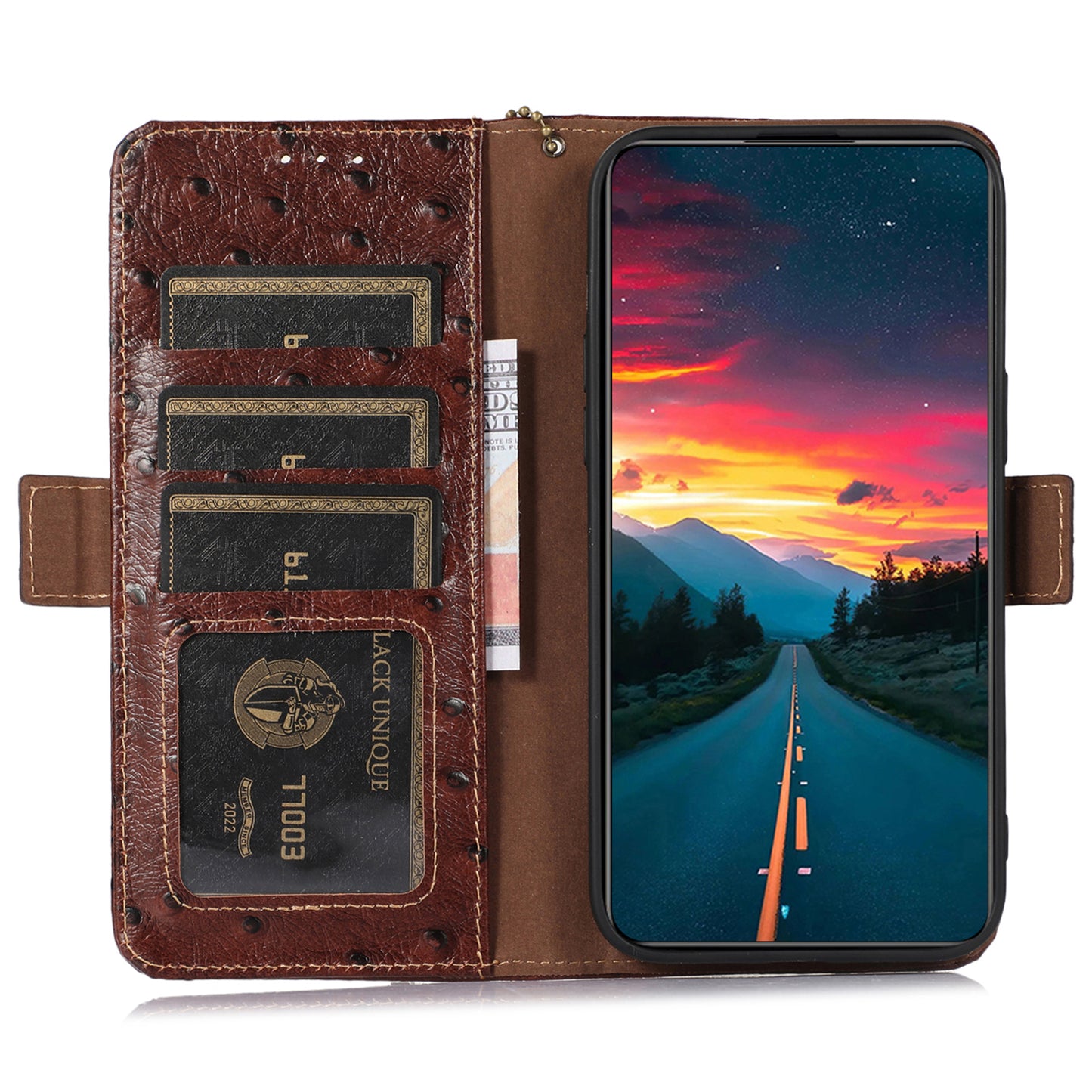For Xiaomi Redmi Note 13 5G Genuine Cow Leather Case RFID Blocking Phone Cover Ostrich Texture - Coffee