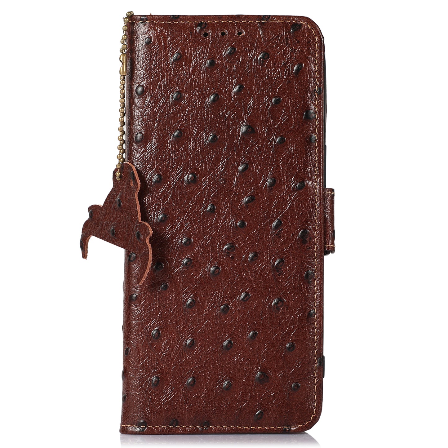 For Xiaomi Redmi Note 13 5G Genuine Cow Leather Case RFID Blocking Phone Cover Ostrich Texture - Coffee