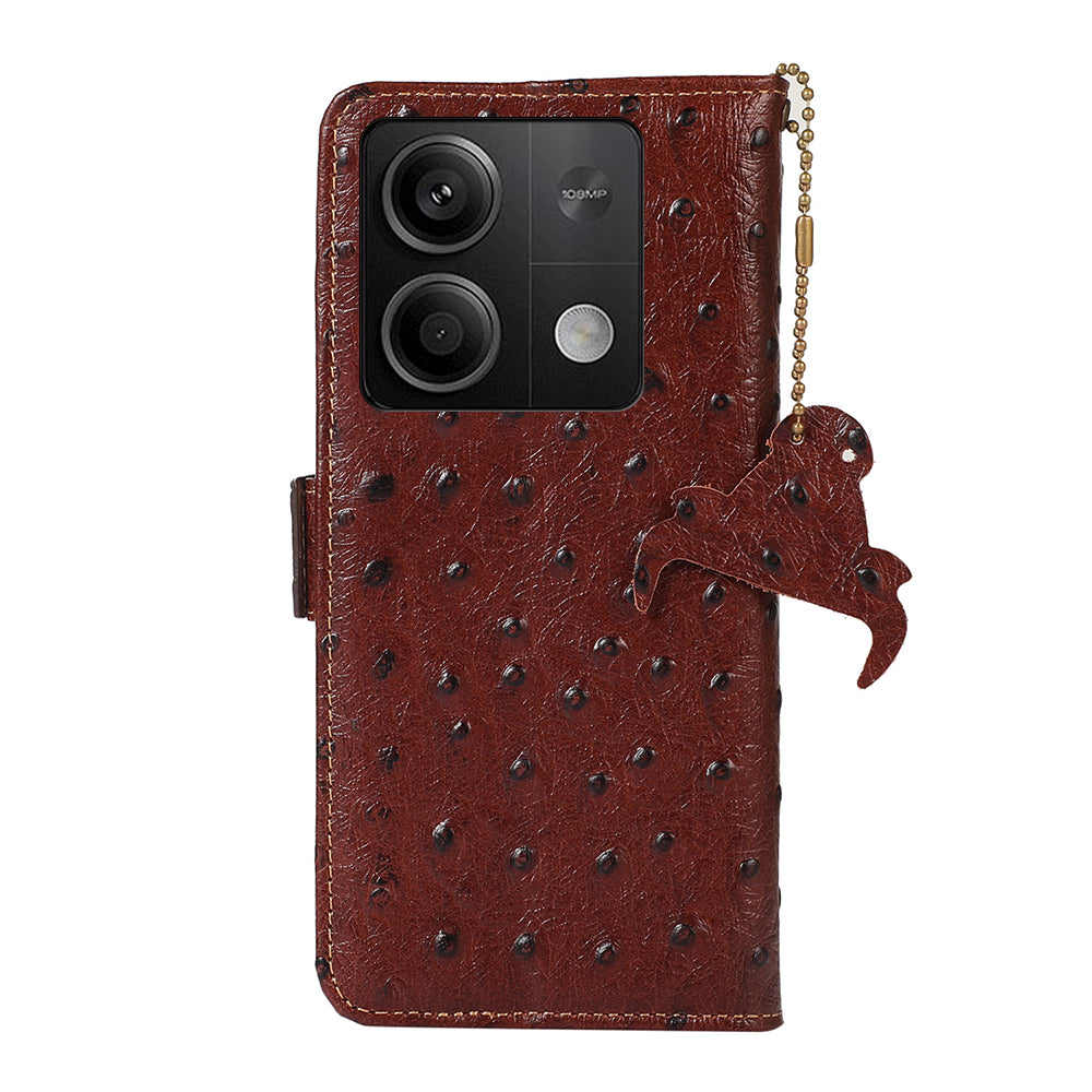 For Xiaomi Redmi Note 13 5G Genuine Cow Leather Case RFID Blocking Phone Cover Ostrich Texture - Coffee