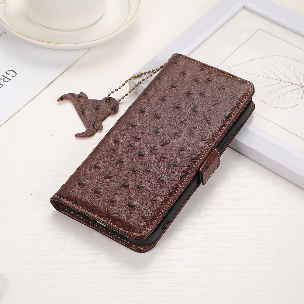 For Xiaomi Redmi Note 13 5G Genuine Cow Leather Case RFID Blocking Phone Cover Ostrich Texture - Coffee