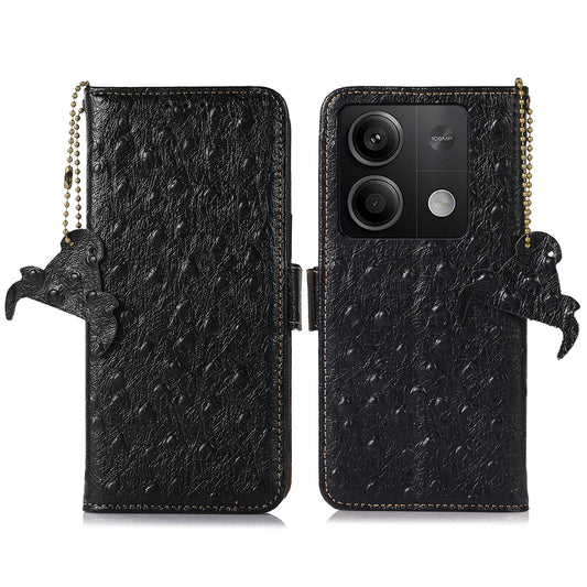 For Xiaomi Redmi Note 13 5G Genuine Cow Leather Case RFID Blocking Phone Cover Ostrich Texture - Black