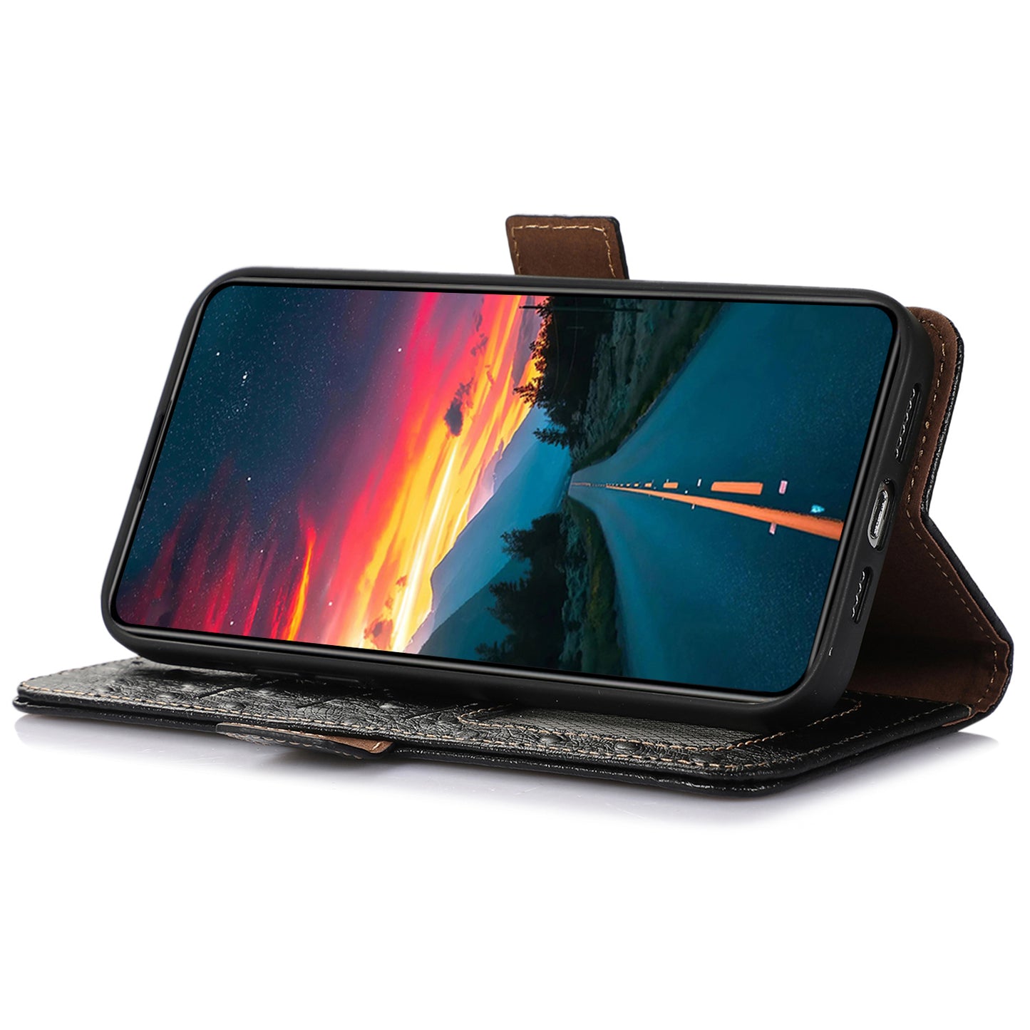 For Xiaomi Redmi Note 13 5G Genuine Cow Leather Case RFID Blocking Phone Cover Ostrich Texture - Black