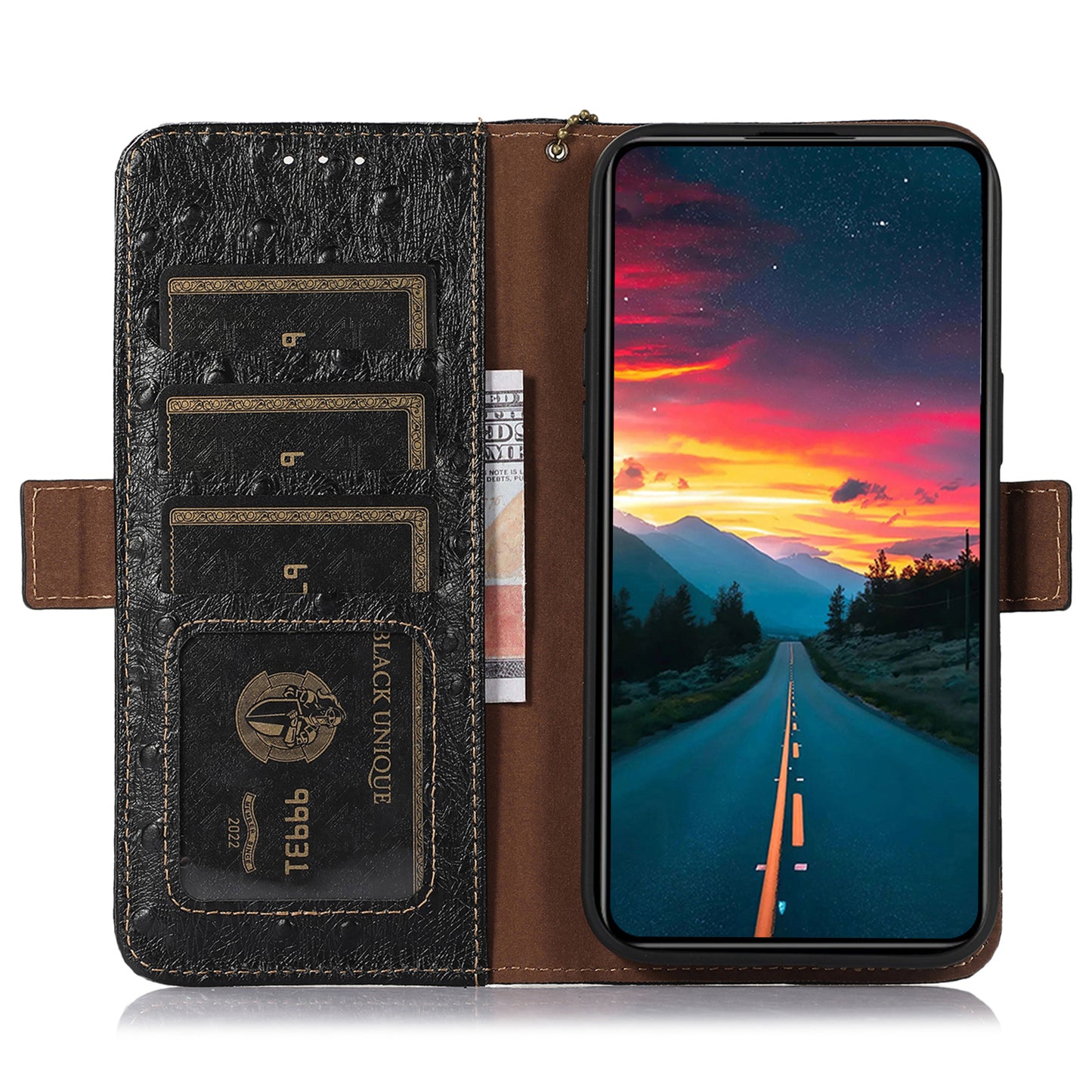 For Xiaomi Redmi Note 13 5G Genuine Cow Leather Case RFID Blocking Phone Cover Ostrich Texture - Black