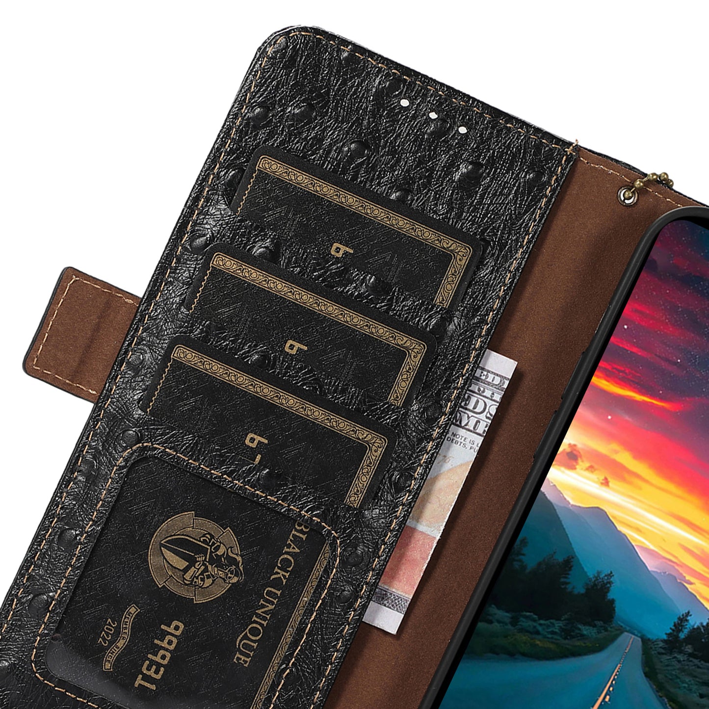 For Xiaomi Redmi Note 13 5G Genuine Cow Leather Case RFID Blocking Phone Cover Ostrich Texture - Black