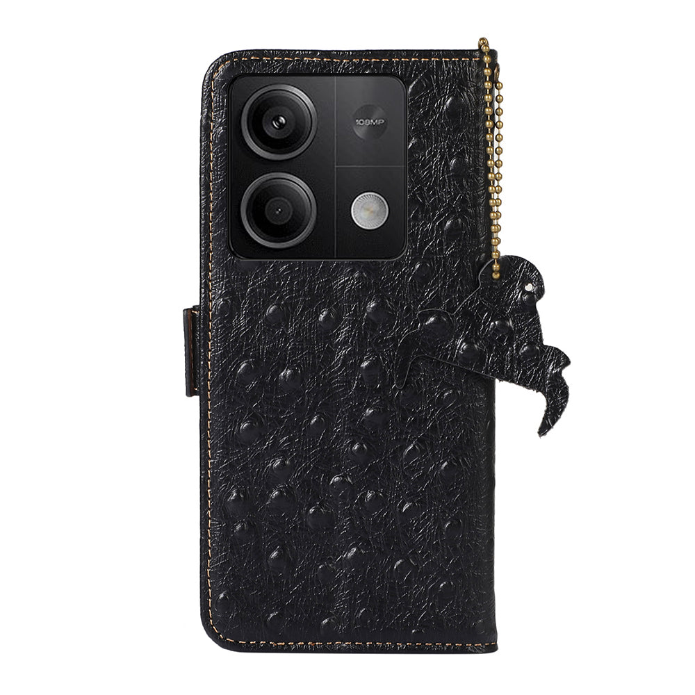 For Xiaomi Redmi Note 13 5G Genuine Cow Leather Case RFID Blocking Phone Cover Ostrich Texture - Black