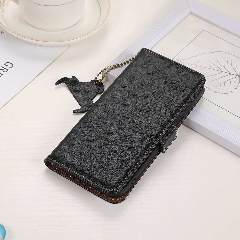 For Xiaomi Redmi Note 13 5G Genuine Cow Leather Case RFID Blocking Phone Cover Ostrich Texture - Black