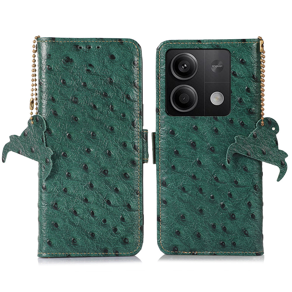 For Xiaomi Redmi Note 13 5G Genuine Cow Leather Case RFID Blocking Phone Cover Ostrich Texture - Green