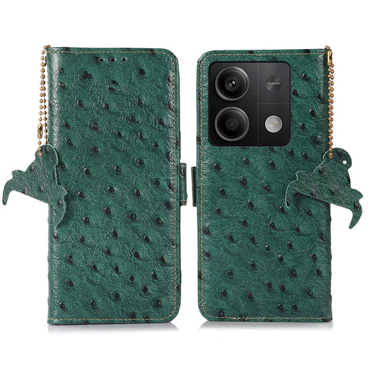 For Xiaomi Redmi Note 13 5G Genuine Cow Leather Case RFID Blocking Phone Cover Ostrich Texture - Green