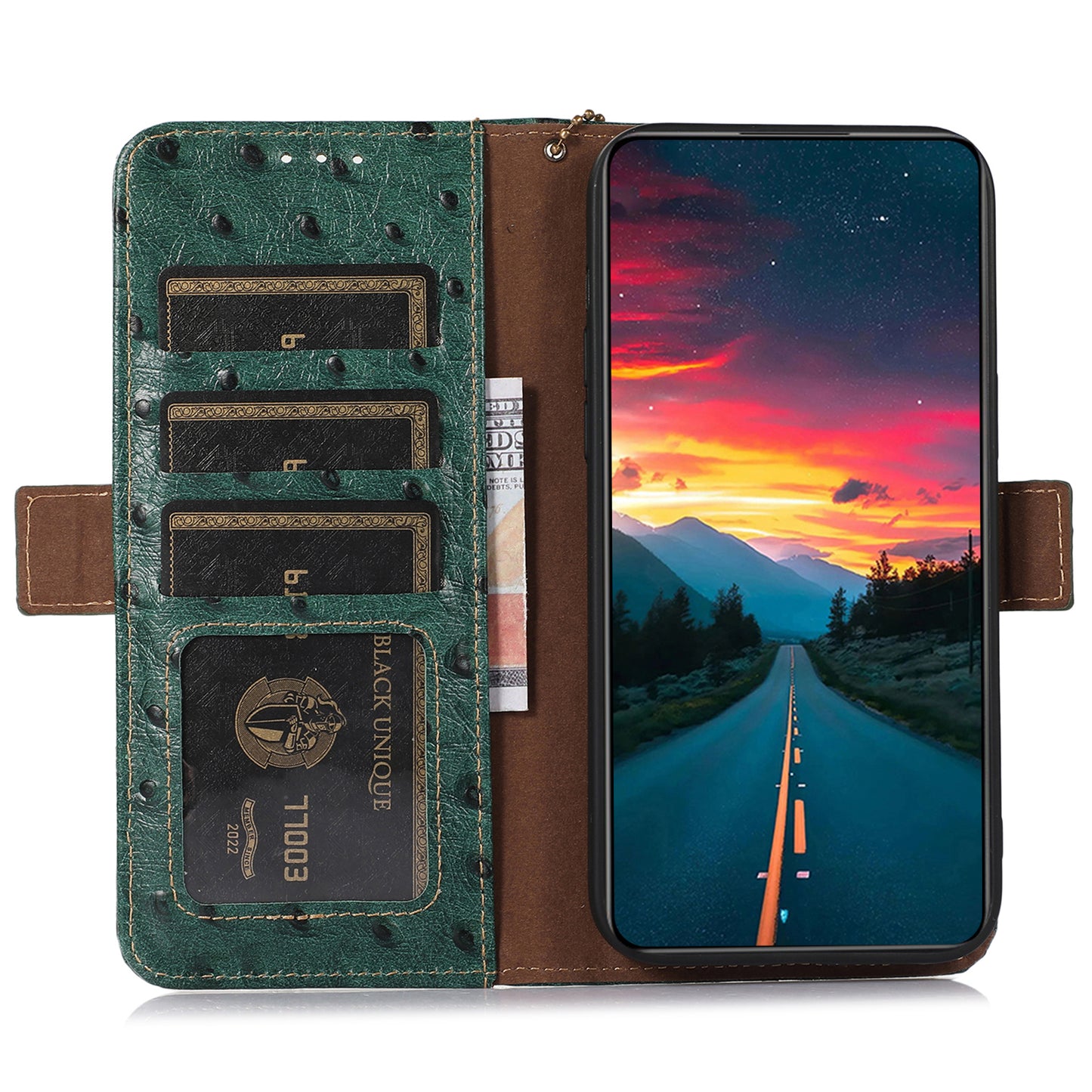 For Xiaomi Redmi Note 13 5G Genuine Cow Leather Case RFID Blocking Phone Cover Ostrich Texture - Green